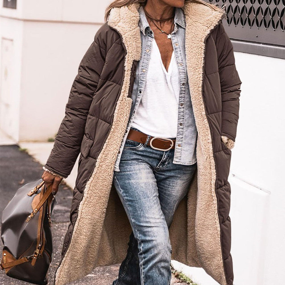 Langer, einfarbiger Kapuzenmantel, Wintermantel, langärmelig, doppelseitig tragbar, schlanke, elegante Strickjacke, Oberteil für Damen