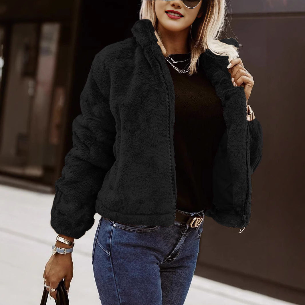 Sommerlicher Cardigan aus Kaninchenfell-Kunstleder mit Reißverschluss, flauschig und warm