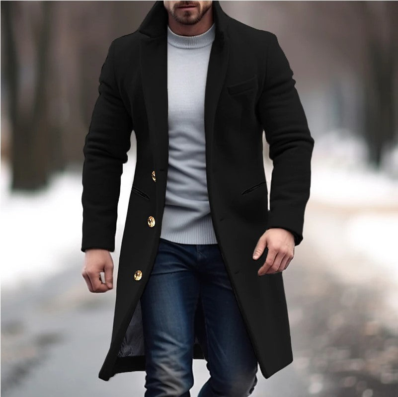 Winter Lapel Trench Coat Fashion Pocket Single Breasted Jacket Outerwear Casual Solid Color Men's Clothing