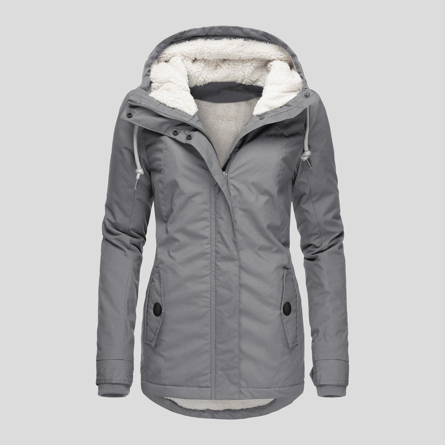 Winter Hooded Jacket Solid Color Warm Buckle Zip-up Fleece Jacket With Pockets Women's Casual Jacket