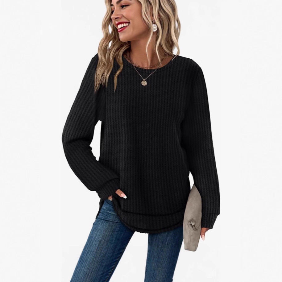 Waffel-Top, locker geschnitten, Rundhalsausschnitt, asymmetrischer Saum, abgerundeter Saum