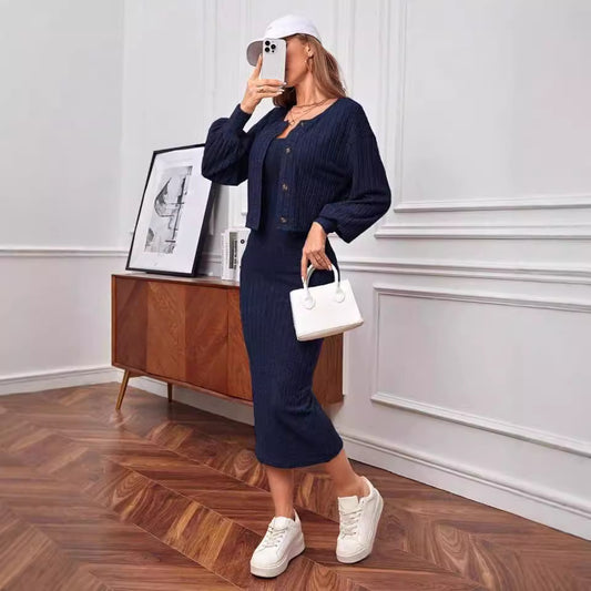 Casual Sunken Stripe Coat Dress Two-piece Set