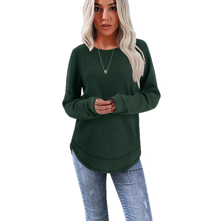 Waffel-Top, locker geschnitten, Rundhalsausschnitt, asymmetrischer Saum, abgerundeter Saum