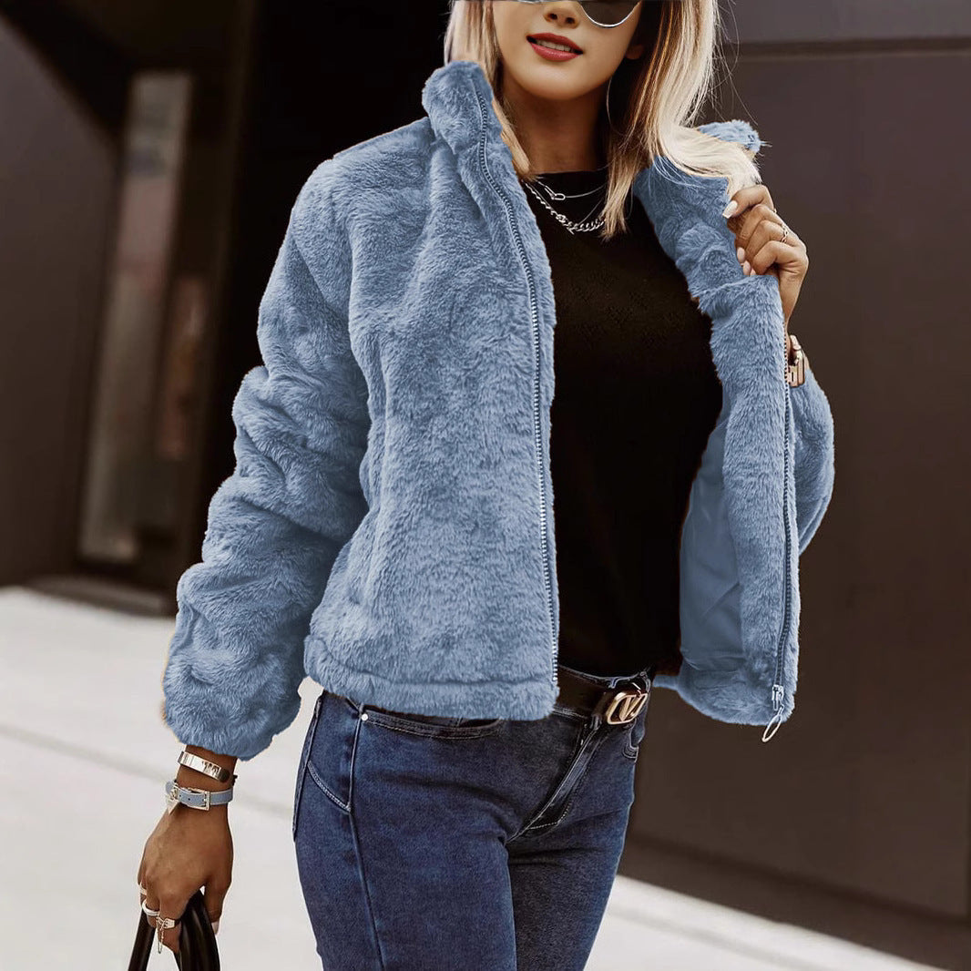 Sommerlicher Cardigan aus Kaninchenfell-Kunstleder mit Reißverschluss, flauschig und warm