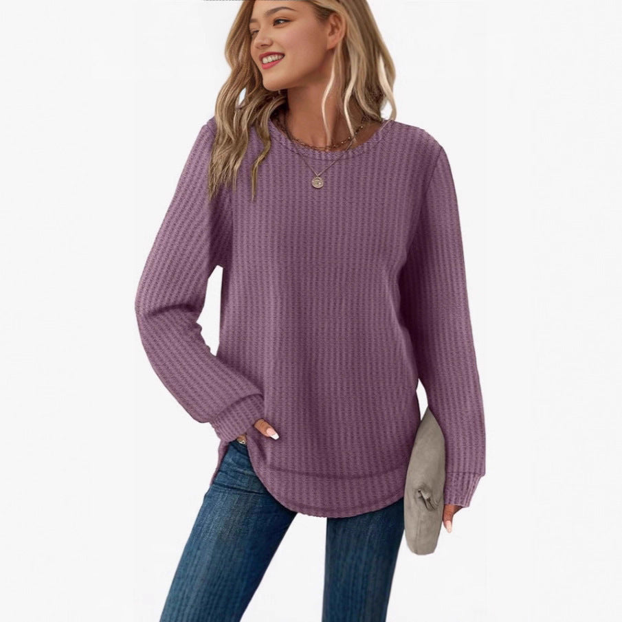 Waffel-Top, locker geschnitten, Rundhalsausschnitt, asymmetrischer Saum, abgerundeter Saum