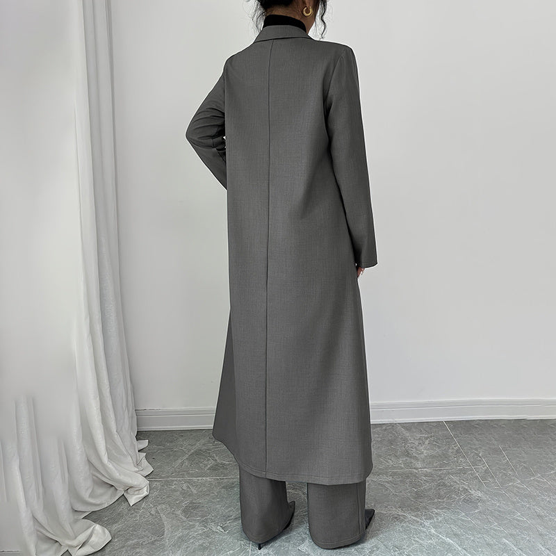 Damen-Zweiteiler, bestehend aus langem Blazer und gerader Hose, Business-Outfit fürs Büro, ohne Futter