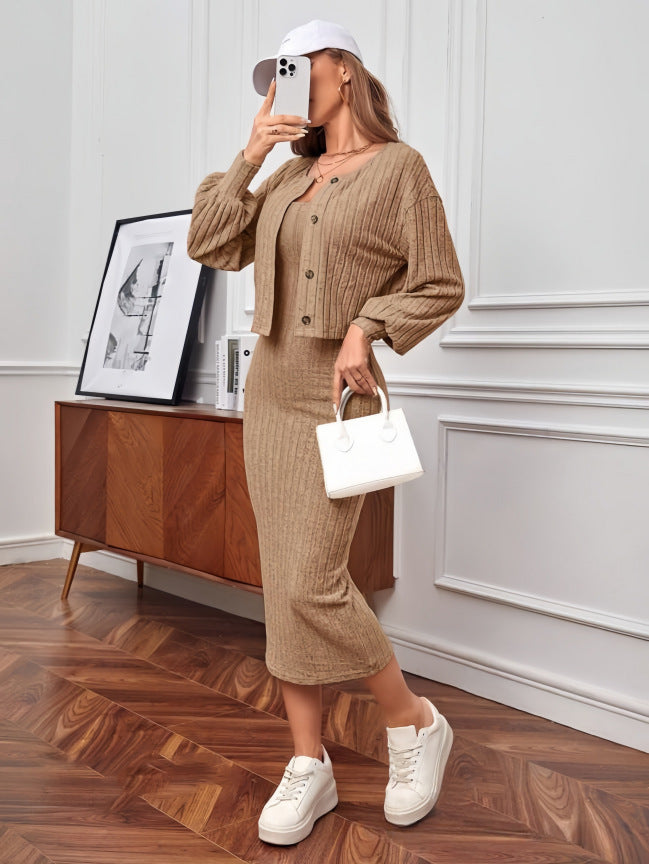 Casual Sunken Stripe Coat Dress Two-piece Set