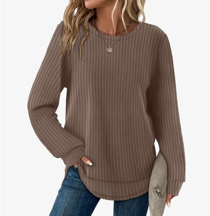 Waffel-Top, locker geschnitten, Rundhalsausschnitt, asymmetrischer Saum, abgerundeter Saum