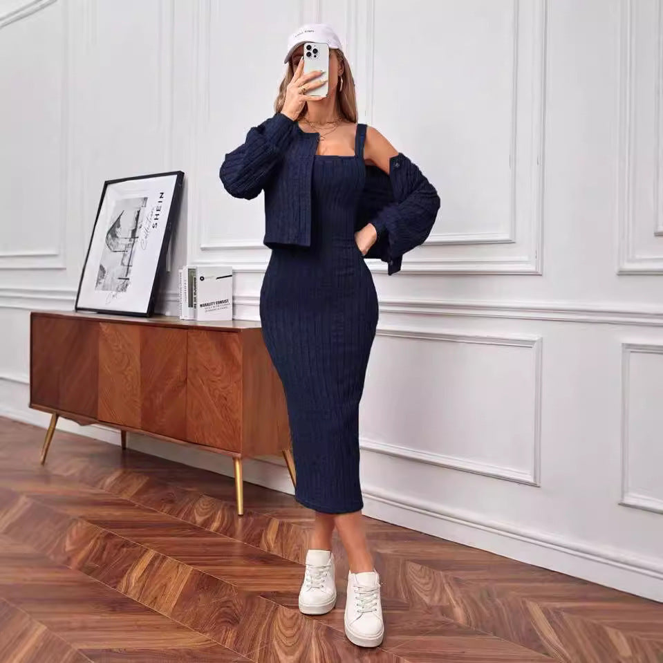 Casual Sunken Stripe Coat Dress Two-piece Set