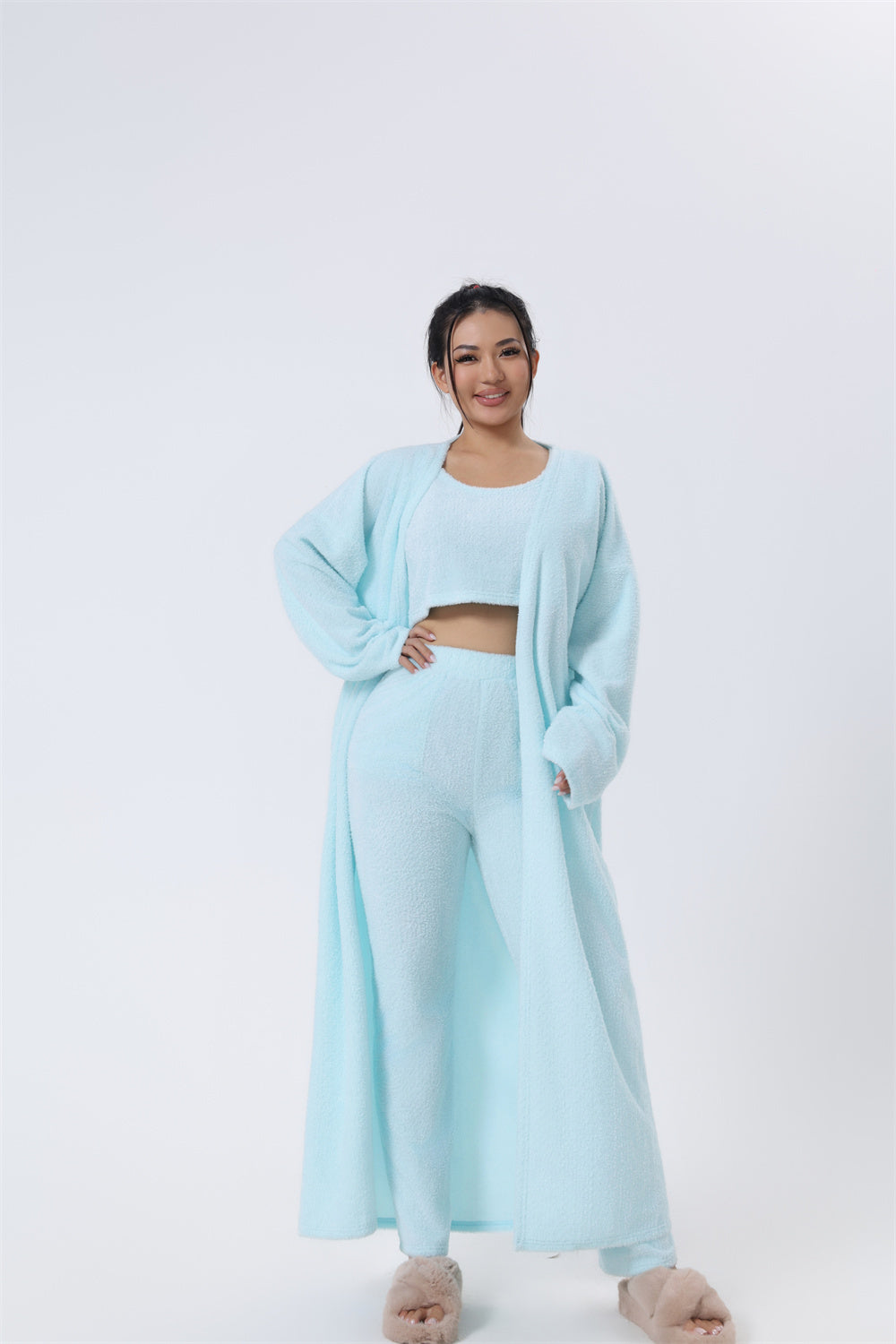 Gemütliches Pyjama-Set, 3-teiliges Loungewear-Set, süße Loungewear, warme Anzugsets, passendes Set, Loungewear-Set, 3-teiliges Hosen-Set, Damen-Winterkleid