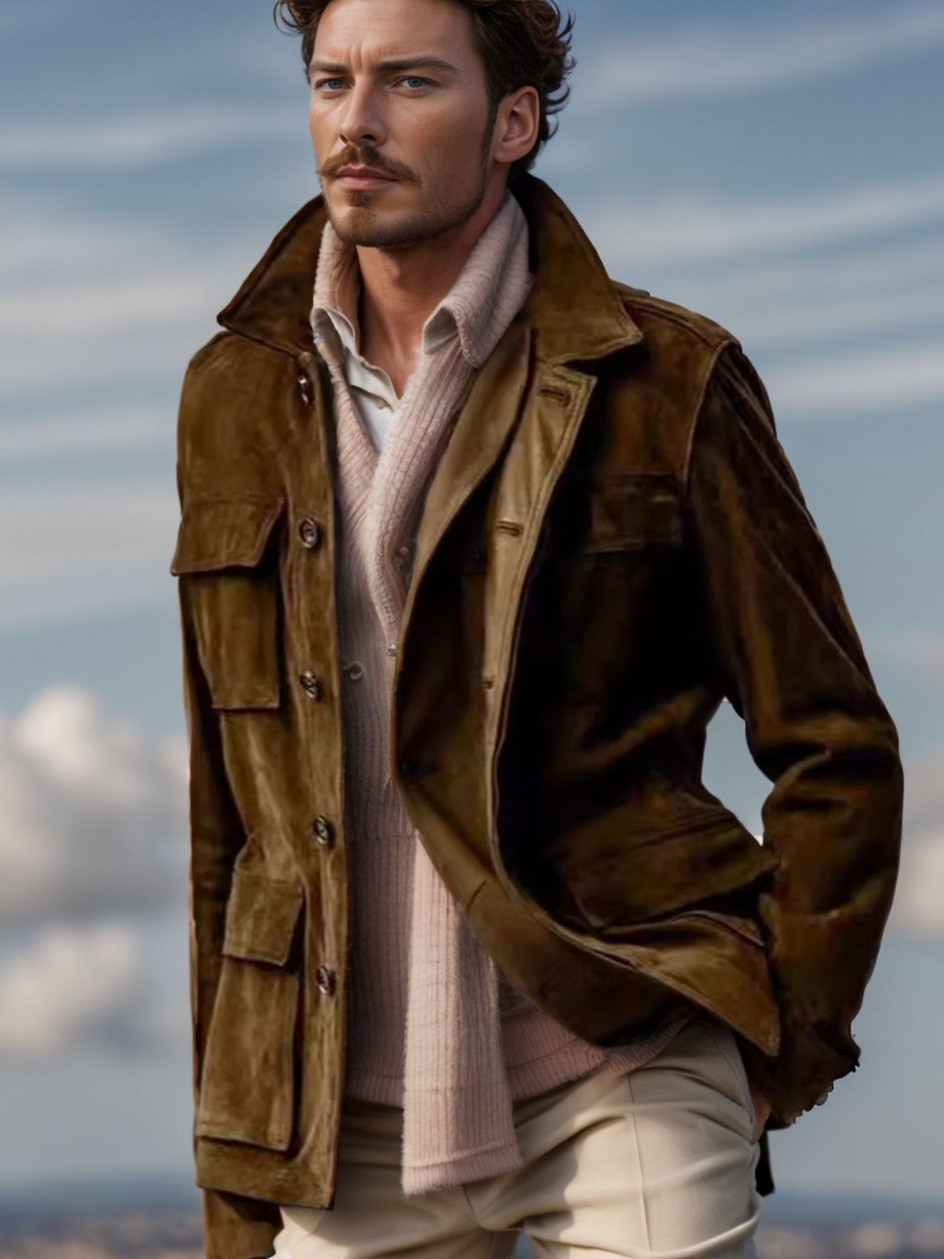 Regular Men's Cowhide Casual Coat And Trench Coat Multi-pocket