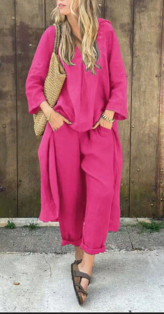 2pcs Long-sleeved Suits Loose V-neck Long Top And High Waist Wide Leg Pants With Pockets Women's Clothing