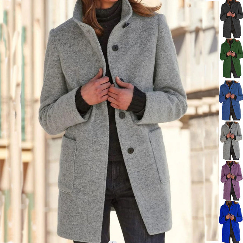 Mode Stehkragen Wollmantel mit Taschen Herbst Winter Casual Button Outwear für Damen Kleidung