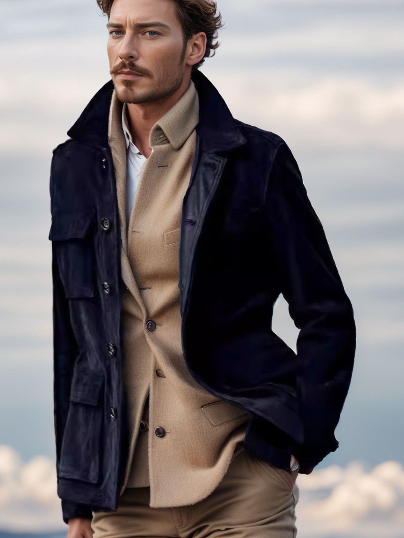 Regular Men's Cowhide Casual Coat And Trench Coat Multi-pocket