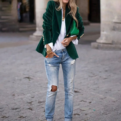 Samt Revers Casual Anzug Business Fashion Slim Einreiher Jacke Outwear Kleidung für Frauen