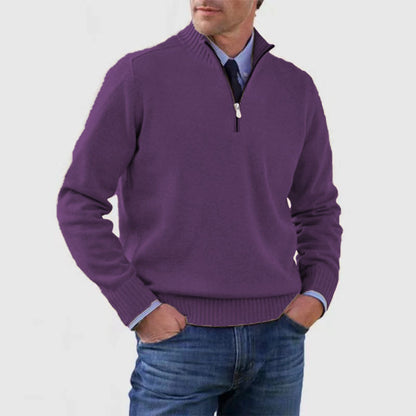 Men's Stand Collar Zipper Sweater Winter Fashion Solid Color Long Sleeve Knitted Top Clothing