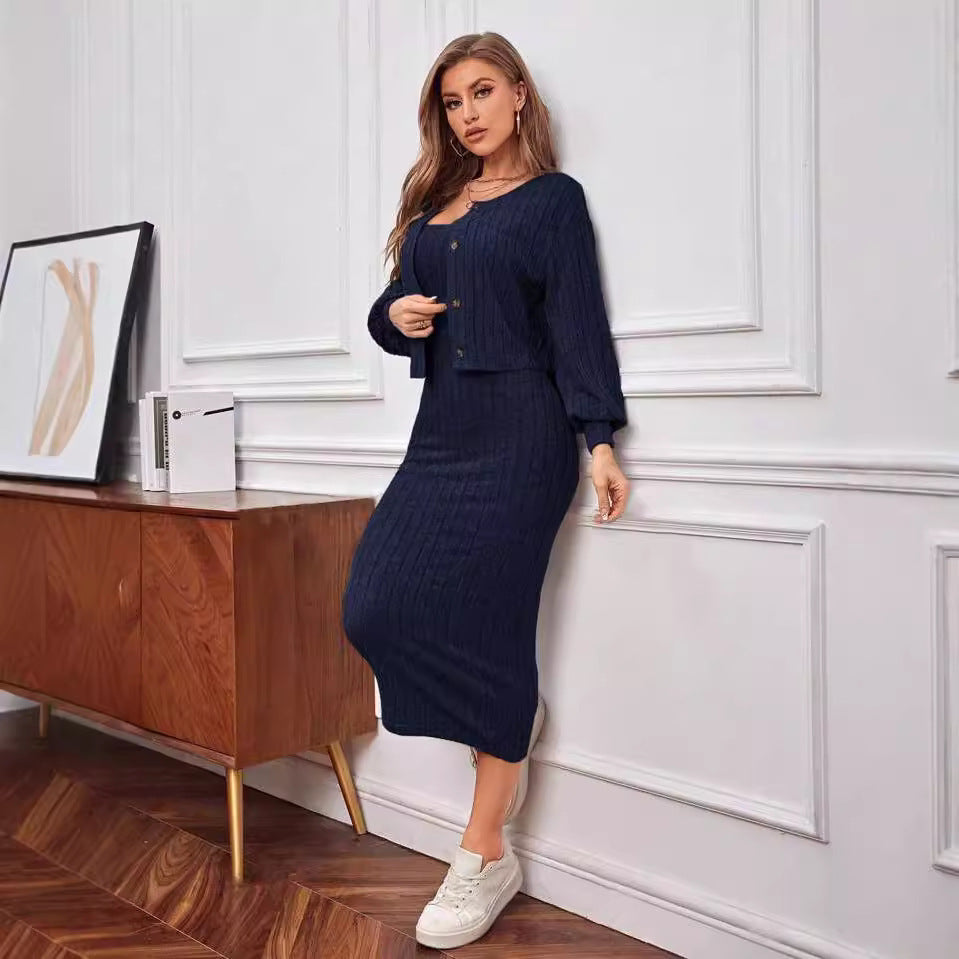 Casual Sunken Stripe Coat Dress Two-piece Set