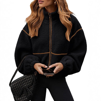 Berber-Fleece-Freizeitmantel mit Stehkragen in Kontrastfarbe – vielseitig kombinierbar