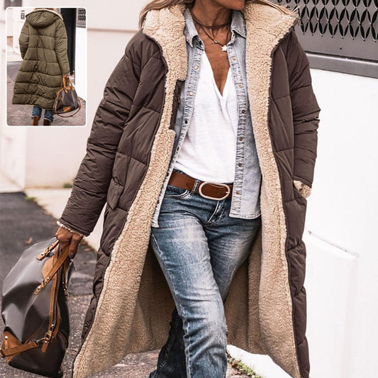 Langer, einfarbiger Kapuzenmantel, Wintermantel, langärmelig, doppelseitig tragbar, schlanke, elegante Strickjacke, Oberteil für Damen