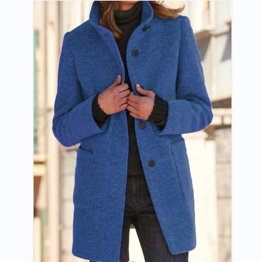 Mode Stehkragen Wollmantel mit Taschen Herbst Winter Casual Button Outwear für Damen Kleidung