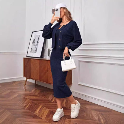 Casual Sunken Stripe Coat Dress Two-piece Set