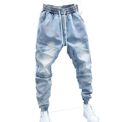 Men's New Light Blue Jeans Elastic Ankle Banded Pants
