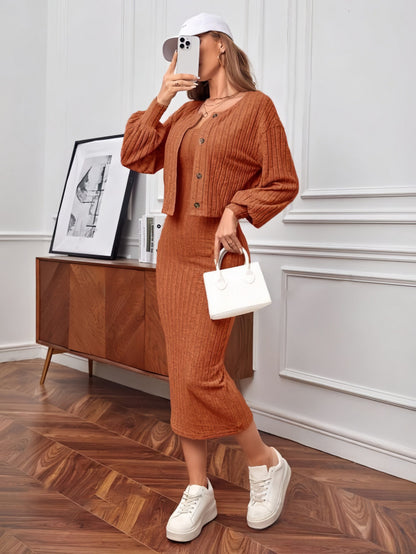 Casual Sunken Stripe Coat Dress Two-piece Set
