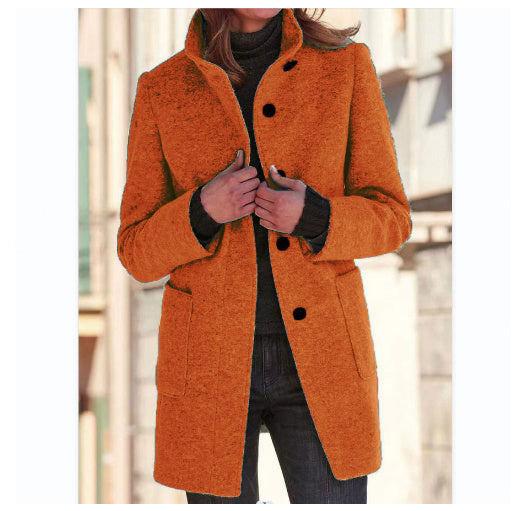 Mode Stehkragen Wollmantel mit Taschen Herbst Winter Casual Button Outwear für Damen Kleidung