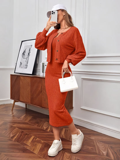 Casual Sunken Stripe Coat Dress Two-piece Set