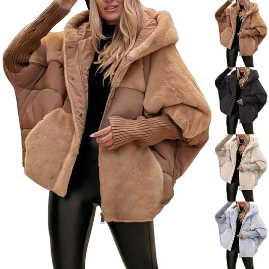 Women's Loose Cotton Coat Faux Fur Patchwork Winter Coat Comfort Chic Long Sleeve Hooded Jacket