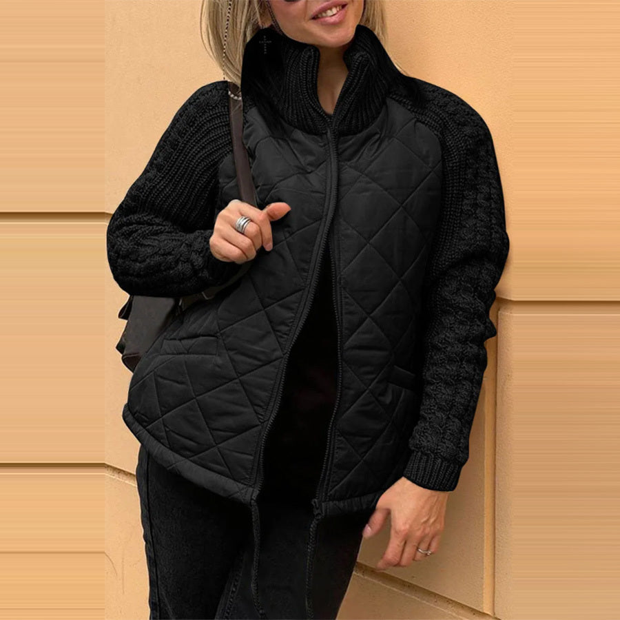 Winter Stand Collar Cotton Jacket With Pockets Fashion Knitted Stitching Zipper Coat Warm Tops For Women Clothing