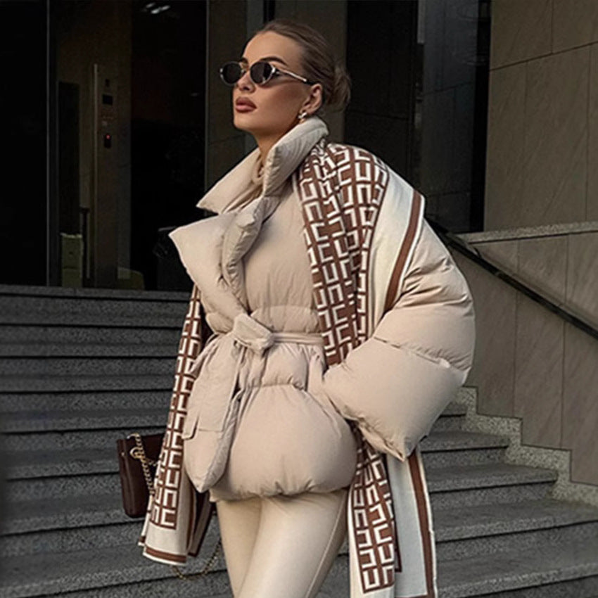 Waist-controlled Lace-up Lapel Long Sleeve Cotton Jacket