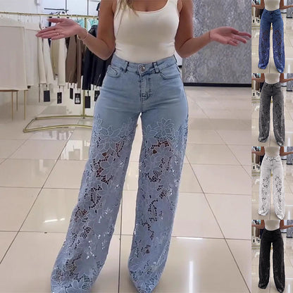 Y2K Lace Flowers Hollow Jeans Fashion High Waist Straight Wide Leg Pants Solid Color Trousers Women's Clothing