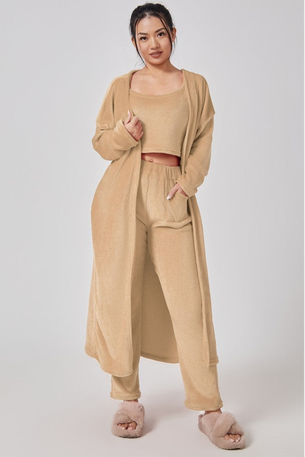 Gemütliches Pyjama-Set, 3-teiliges Loungewear-Set, süße Loungewear, warme Anzugsets, passendes Set, Loungewear-Set, 3-teiliges Hosen-Set, Damen-Winterkleid