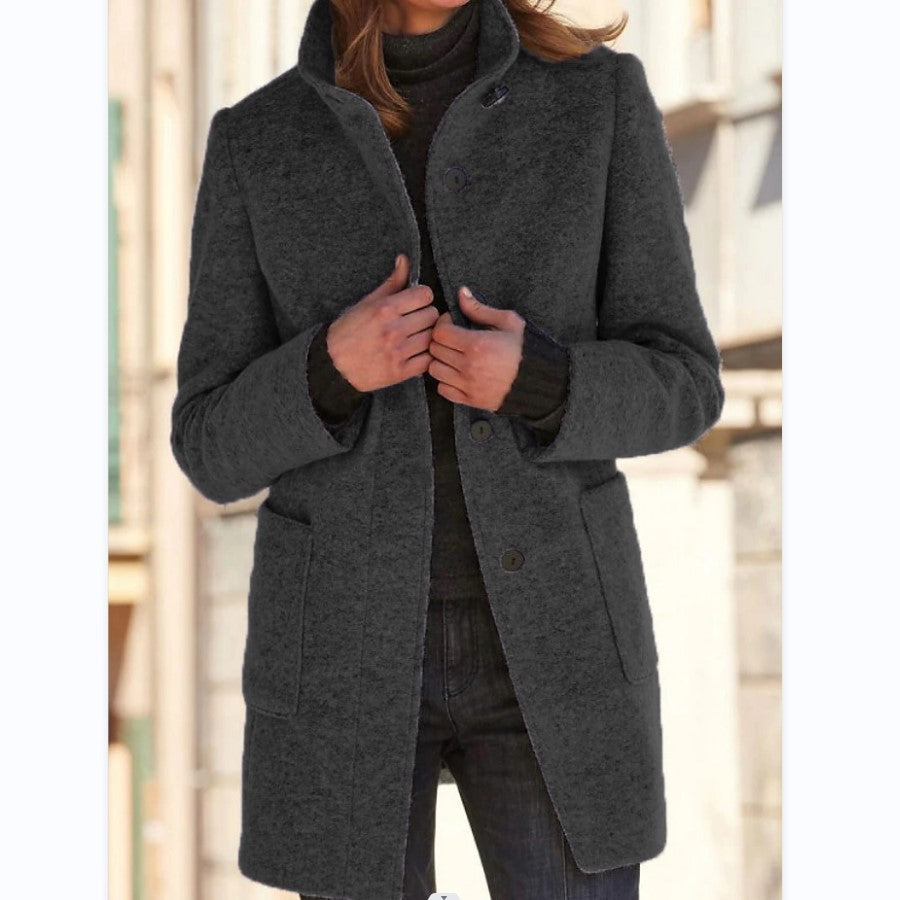 Mode Stehkragen Wollmantel mit Taschen Herbst Winter Casual Button Outwear für Damen Kleidung