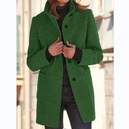 Mode Stehkragen Wollmantel mit Taschen Herbst Winter Casual Button Outwear für Damen Kleidung