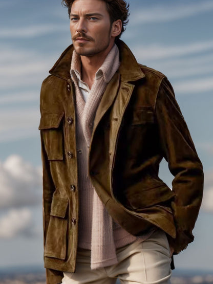 Regular Men's Cowhide Casual Coat And Trench Coat Multi-pocket