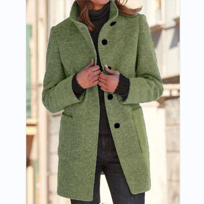 Mode Stehkragen Wollmantel mit Taschen Herbst Winter Casual Button Outwear für Damen Kleidung