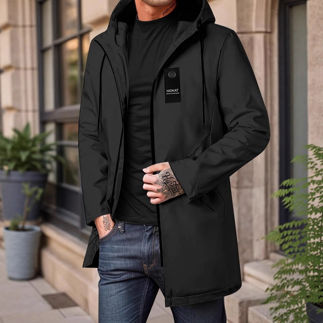 Mid-length Men's Hooded Casual Workwear Shell Jacket Windproof Jacket