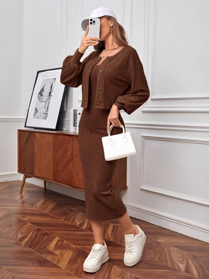 Casual Sunken Stripe Coat Dress Two-piece Set