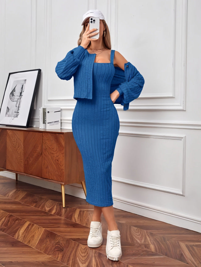 Casual Sunken Stripe Coat Dress Two-piece Set