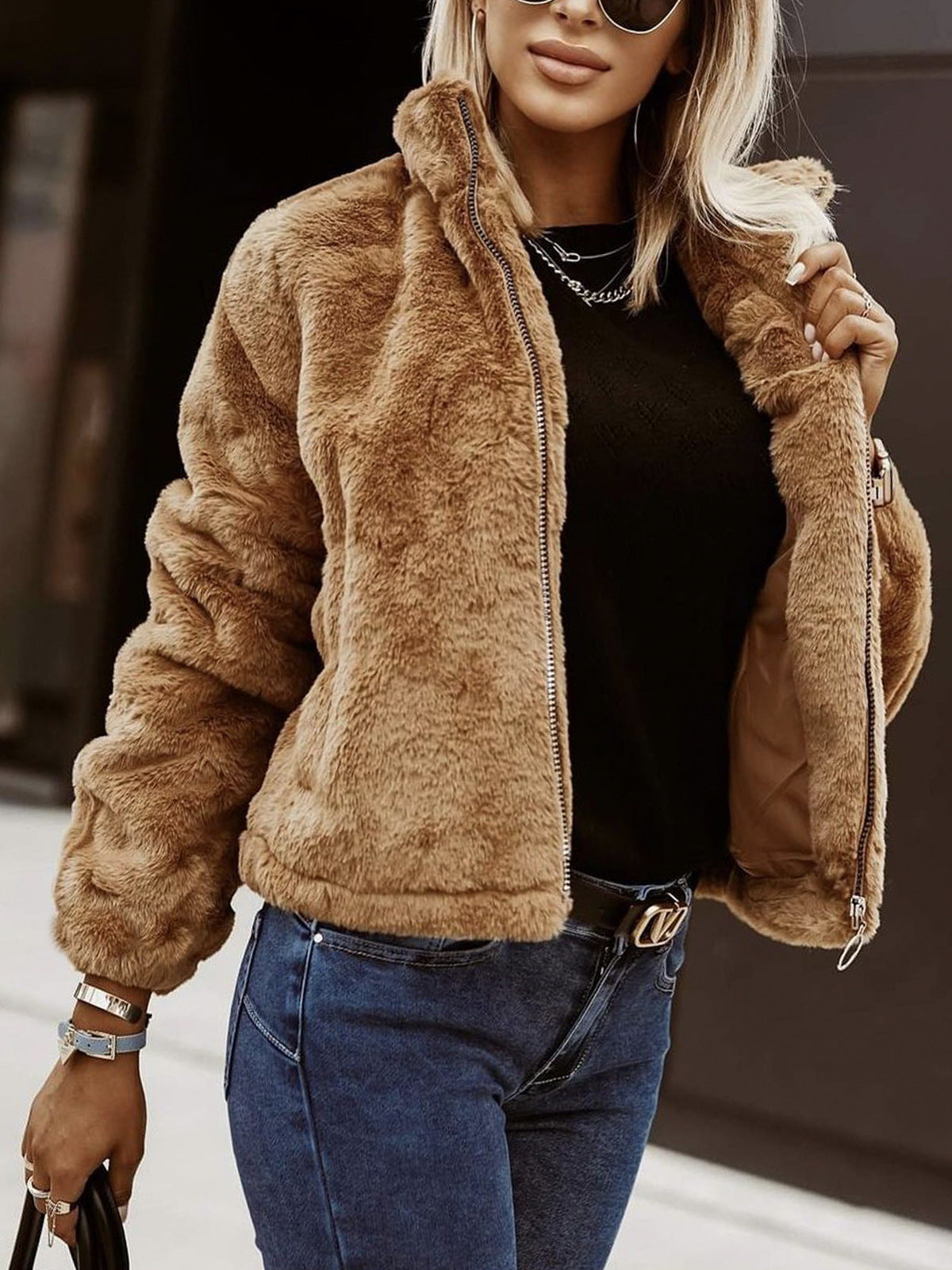 Sommerlicher Cardigan aus Kaninchenfell-Kunstleder mit Reißverschluss, flauschig und warm