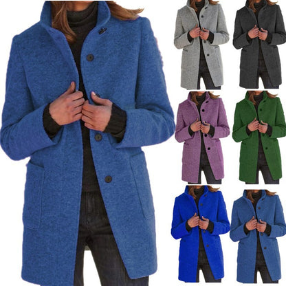 Mode Stehkragen Wollmantel mit Taschen Herbst Winter Casual Button Outwear für Damen Kleidung
