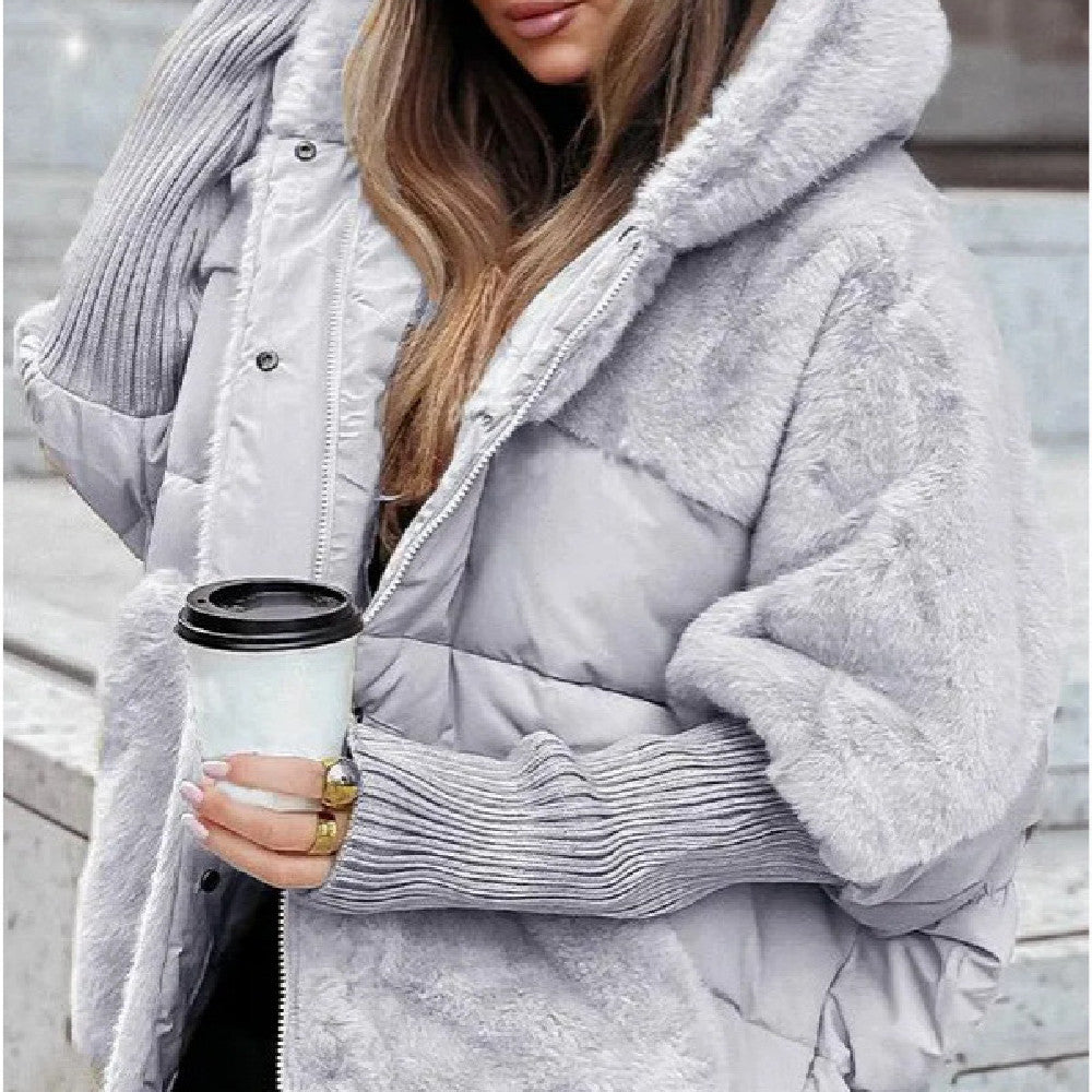 Women's Loose Cotton Coat Faux Fur Patchwork Winter Coat Comfort Chic Long Sleeve Hooded Jacket