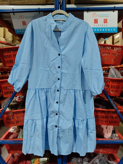Plaid Printed Ruffle Dress V Neck Button Three-quarter Sleeves Dresses For Women Clothing